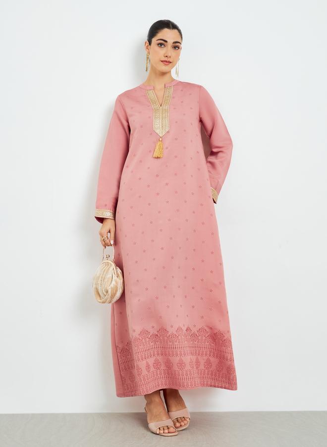 Amirah Pink Gold Lace Placket Jalabiya with Tassel - Image 1