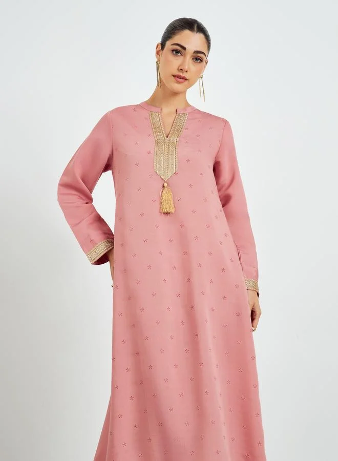 Amirah Pink Gold Lace Placket Jalabiya with Tassel