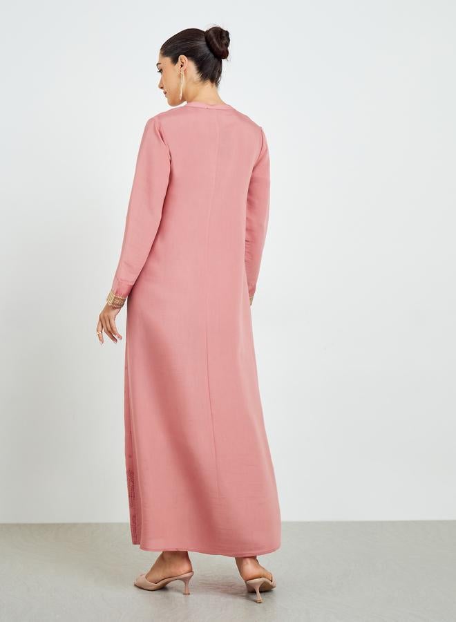 Amirah Pink Gold Lace Placket Jalabiya with Tassel - Image 4