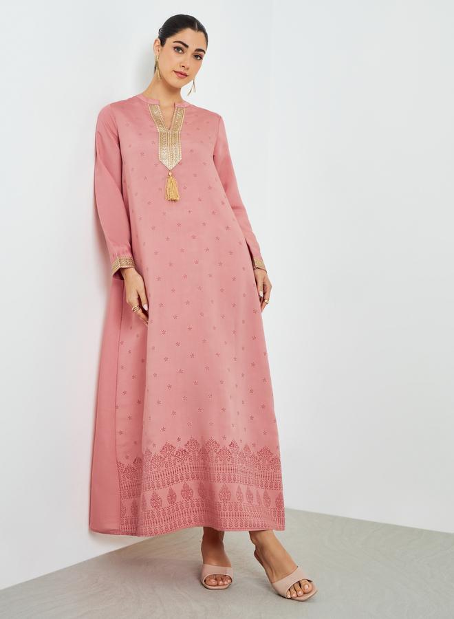 Amirah Pink Gold Lace Placket Jalabiya with Tassel - Image 3