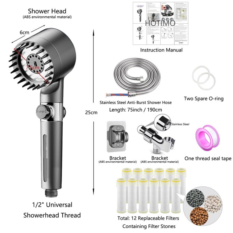 HOTIMO Filtered Shower Head with Handheld - High Pressure 3 Spray Modes Showerhead with Filters, 12 Replaceable Water Softener Filters for Hard Water | Ion Shower Drops Head with 75" Anti-Burst Hose - Image 5