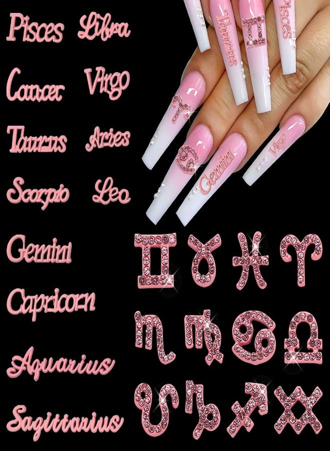 JERCLITY 24pc Pink Alloy Zodiac Nail Charms - 12pc Zodiac Signs, 12pc Constellation Words for Women Girls Nail Art - Image 1