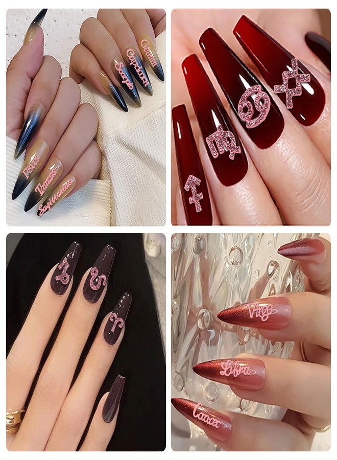 JERCLITY 24pc Pink Alloy Zodiac Nail Charms - 12pc Zodiac Signs, 12pc Constellation Words for Women Girls Nail Art - Image 4