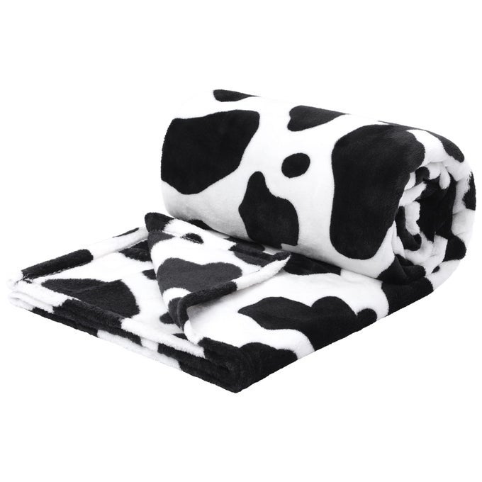COW PRINTED BLANKET SOFT 300GSM FLEECE FLANNEL THROW BLANKET LIGHTWEIGHT CUTE COMFY WARM COW TEXTURE BLACK AND WHITE COWHIDE BLANKETS FOR COUCH SOFA BED OFFICE 100 X 130CM
