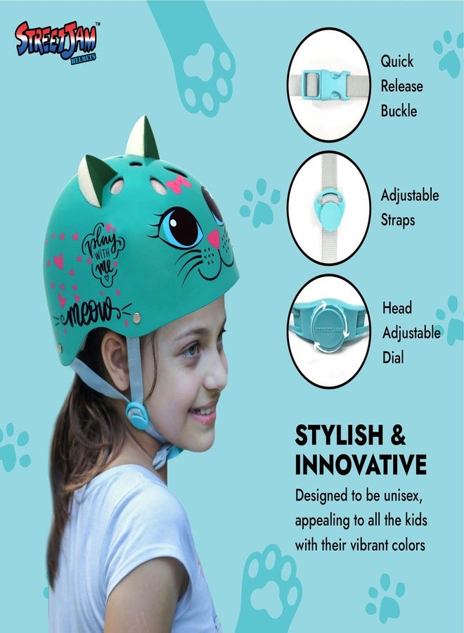 STREETJAM Kids Cycle Helmet Kitty Cat Open Face, Hard PP Outer Shell, EPS Inner Comfort Liner case, Adjustable Strap with Adjuster Dial, Skating, Sports (5-8 Years, Burn Green) - Image 3