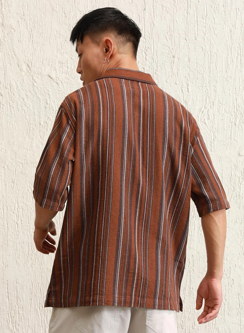 Hubberholme Men's Multicolour 100% Cotton Striped Button Down Oversized Shirt