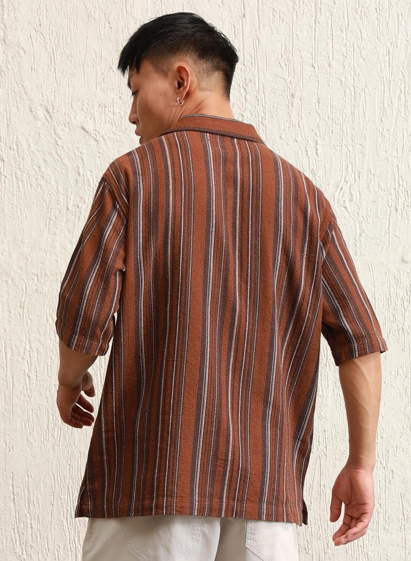 Hubberholme Men's Multicolour 100% Cotton Striped Button Down Oversized Shirt - Image 3