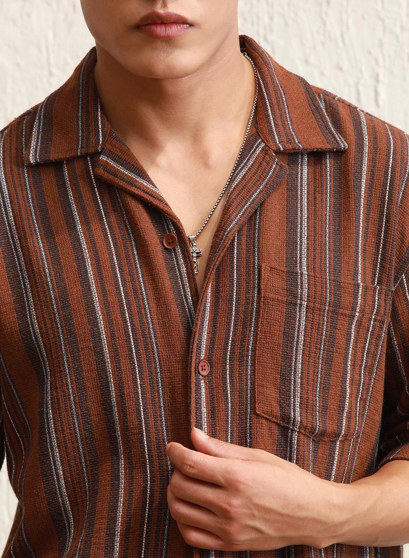 Hubberholme Men's Multicolour 100% Cotton Striped Button Down Oversized Shirt - Image 5