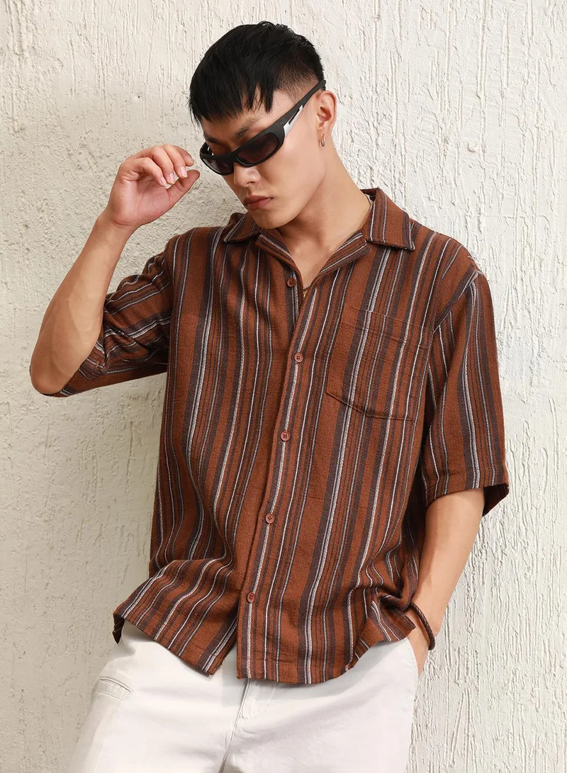Hubberholme Men's Multicolour 100% Cotton Striped Button Down Oversized Shirt