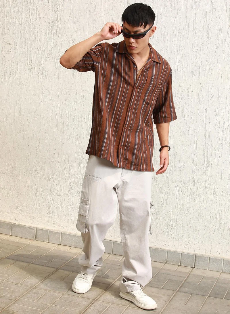 Hubberholme Men's Multicolour 100% Cotton Striped Button Down Oversized Shirt