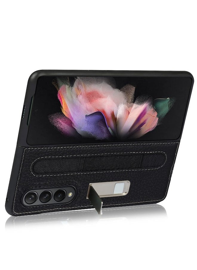 Generic Samsung Galaxy Z Fold 3 Phone Case with S Pen Holder, Stand Function, Drop Resistant, Lychee Pattern (Black with Pen Slot)  - Image 3