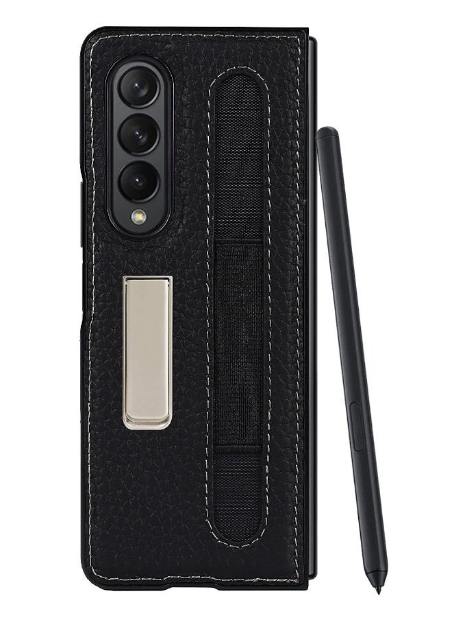 Generic Samsung Galaxy Z Fold 3 Phone Case with S Pen Holder, Stand Function, Drop Resistant, Lychee Pattern (Black with Pen Slot)  - Image 4