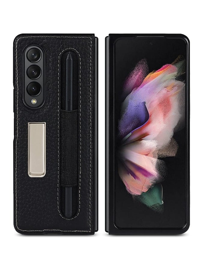 Generic Samsung Galaxy Z Fold 3 Phone Case with S Pen Holder, Stand Function, Drop Resistant, Lychee Pattern (Black with Pen Slot)  - Image 5