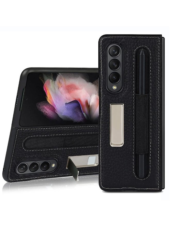 Generic Samsung Galaxy Z Fold 3 Phone Case with S Pen Holder, Stand Function, Drop Resistant, Lychee Pattern (Black with Pen Slot)  - Image 1