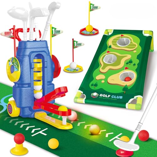 Fistone Toddler Golf Set with FootPedal Launcher 3 in 1 Kids Golf Toy with Golf Cornhole Board Putting Mat Indoor Outdoor Golf Toys Birthday Gift for Boys Girls Age 38 - Image 1
