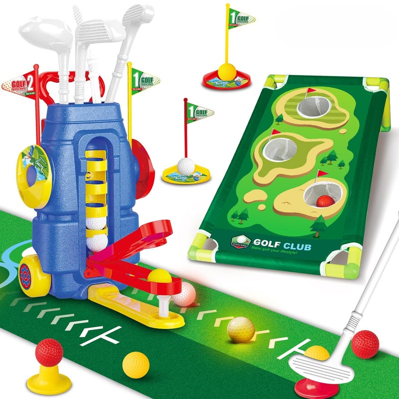 Fistone Toddler Golf Set with FootPedal Launcher 3 in 1 Kids Golf Toy with Golf Cornhole Board Putting Mat Indoor Outdoor Golf Toys Birthday Gift for Boys Girls Age 38 - Image 3
