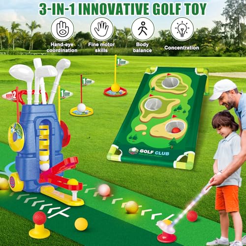Fistone Toddler Golf Set with FootPedal Launcher 3 in 1 Kids Golf Toy with Golf Cornhole Board Putting Mat Indoor Outdoor Golf Toys Birthday Gift for Boys Girls Age 38 - Image 5