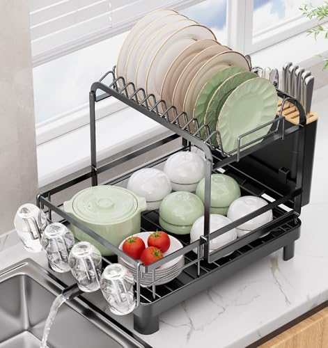 Runnatal 2Tier Dish Drying Rack Large Dish Rack with Drainboard Set Detachable 4in1 Large Capacity Dish Drainer Over The Sink AntiRust for Kitchen Counter Black - Image 1