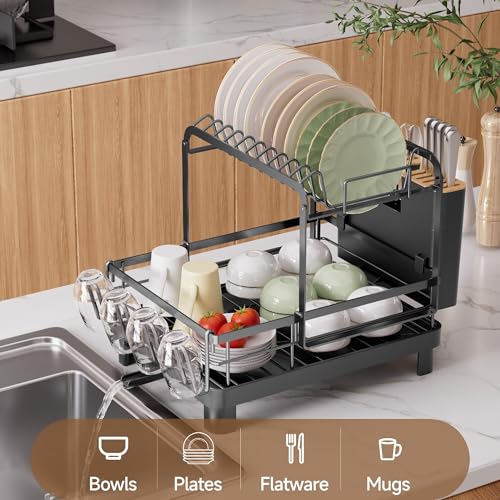 Runnatal 2Tier Dish Drying Rack Large Dish Rack with Drainboard Set Detachable 4in1 Large Capacity Dish Drainer Over The Sink AntiRust for Kitchen Counter Black - Image 3