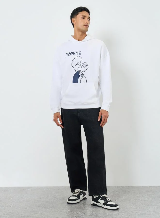 Styli Men White Popeye Graphic Print Hoodie