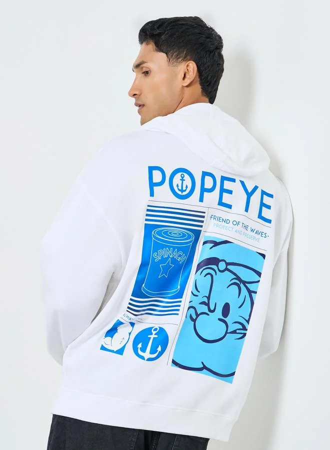 Styli Men White Popeye Graphic Print Hoodie