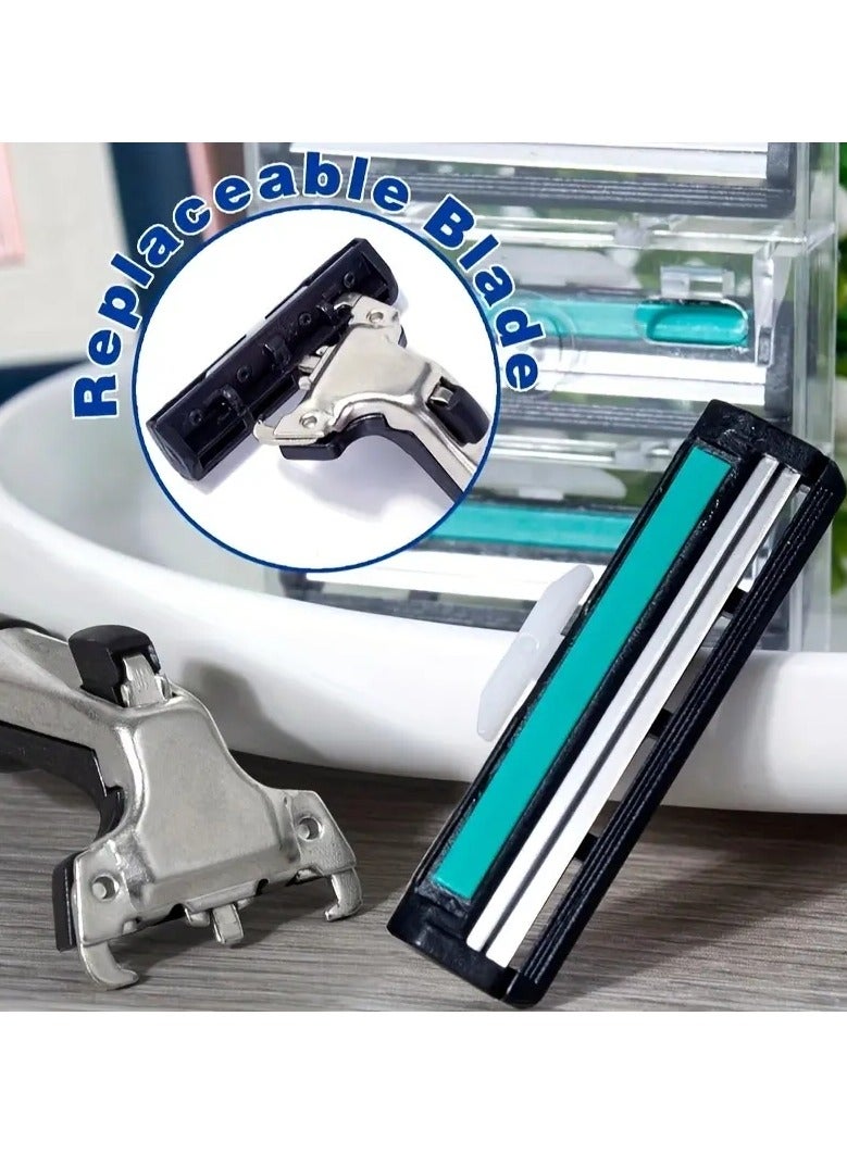 أوريتي مجموعة شفرات حلاقة يدوية خمر من طبقتين ، مقبض واحد مع 12 شفرة حلاقة يدوية من الفولاذ المقاوم للصدأ أخضر للعناية اليومية بالوجه - Image 2