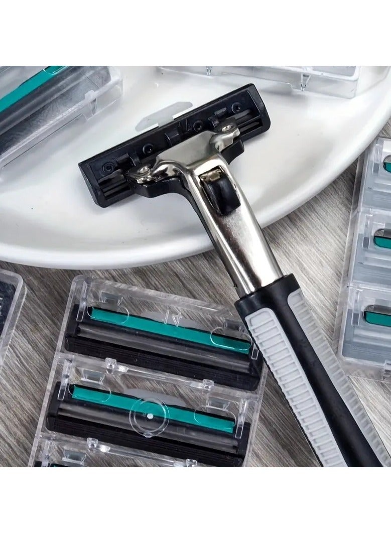 أوريتي مجموعة شفرات حلاقة يدوية خمر من طبقتين ، مقبض واحد مع 12 شفرة حلاقة يدوية من الفولاذ المقاوم للصدأ أخضر للعناية اليومية بالوجه - Image 5