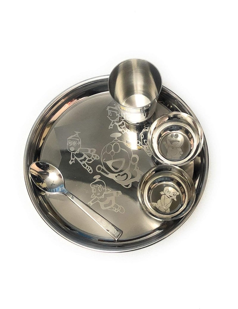 A2S A2S Laser Print Stainless Steel Round Lunch Dinner Set for Kids 1 Plate 2 Curry Bowl 1 Glass and 1 Spoon  - Image 2