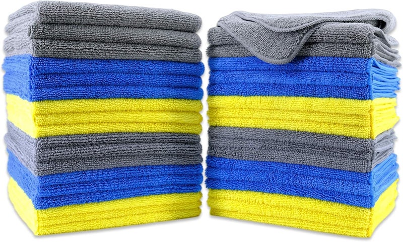 POLYTE Premium Microfiber Cleaning Towels - 36 Pack (16x16 in, Blue, Gray, Yellow) - Image 1