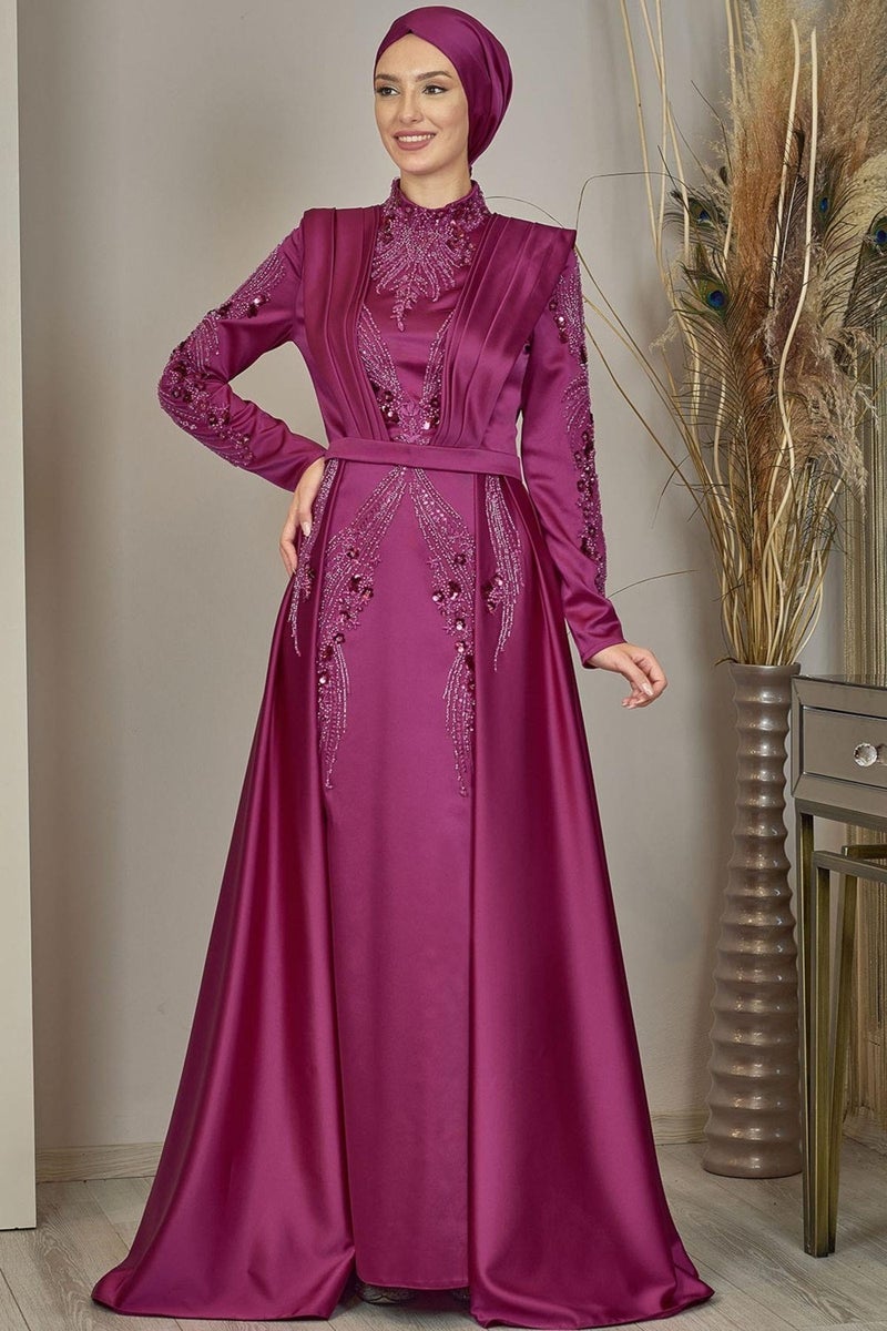 Esilanur Draped Front Beaded Tailed Miranda Hijab Evening Dress Fuchsia  - Image 1