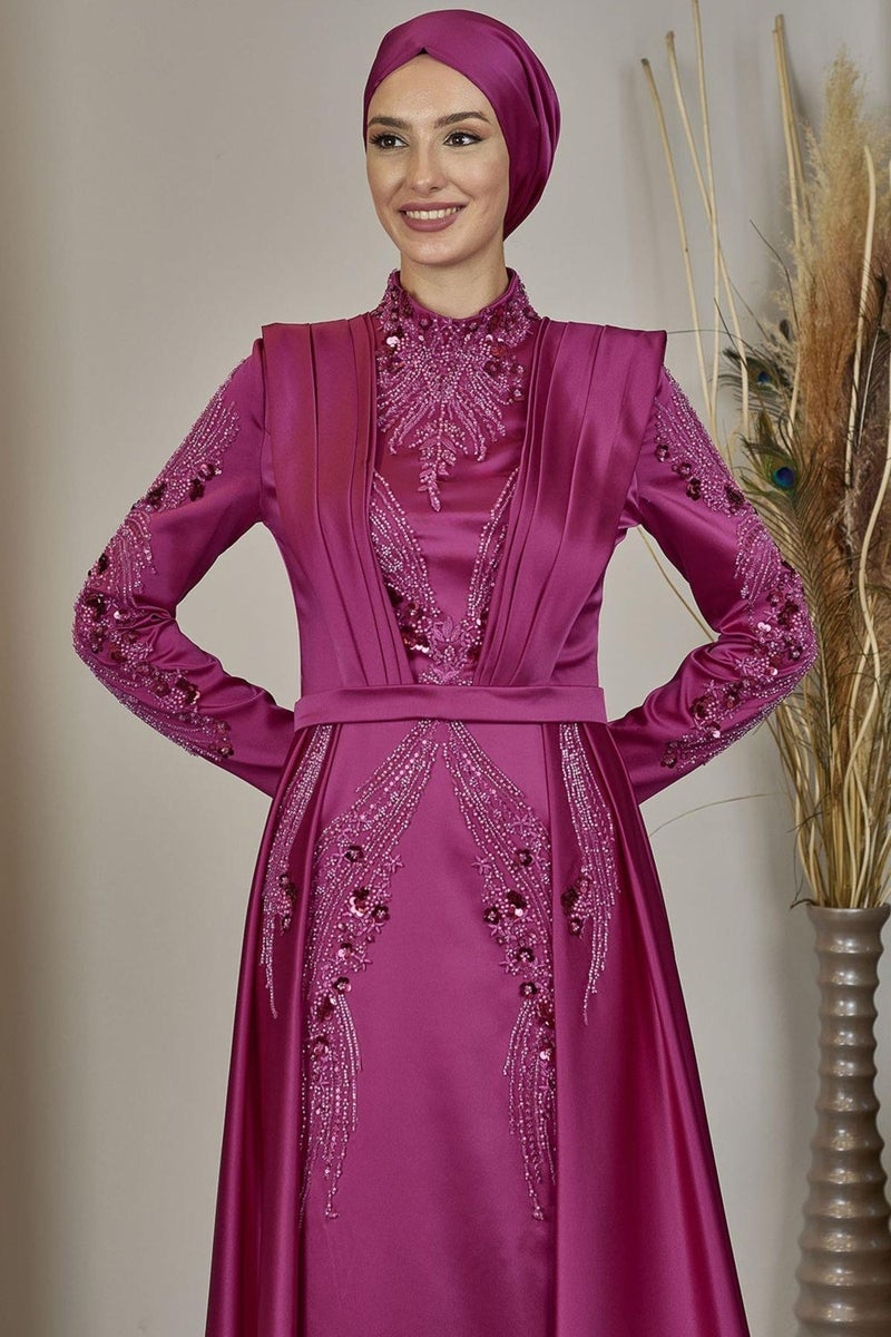 Esilanur Draped Front Beaded Tailed Miranda Hijab Evening Dress Fuchsia  - Image 2