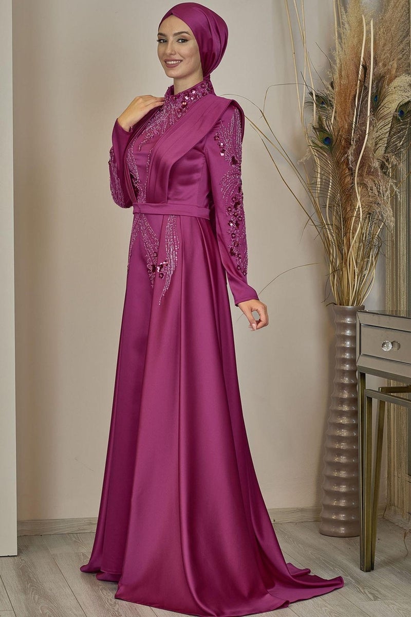 Esilanur Draped Front Beaded Tailed Miranda Hijab Evening Dress Fuchsia  - Image 4