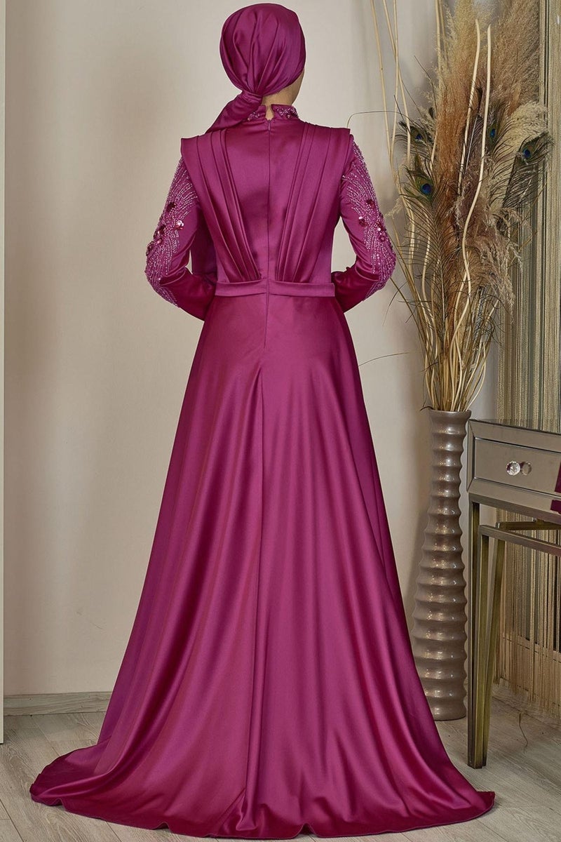 Esilanur Draped Front Beaded Tailed Miranda Hijab Evening Dress Fuchsia  - Image 3