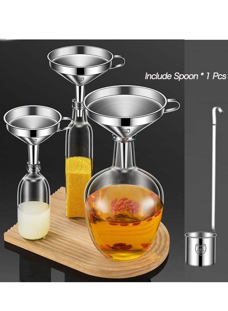 Stainless Steel Funnel, 3 Pack Kitchen Funnel with 3 Removable Strainer ＆ 1Pcs Spoon, Perfect for Transferring of Liquid, Oils, Jam, Dry Ingredients & Powder  - Image 1