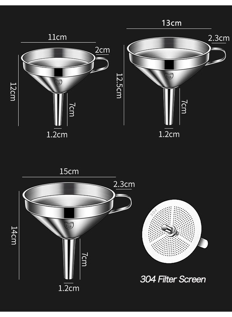 Stainless Steel Funnel, 3 Pack Kitchen Funnel with 3 Removable Strainer ＆ 1Pcs Spoon, Perfect for Transferring of Liquid, Oils, Jam, Dry Ingredients & Powder  - Image 3