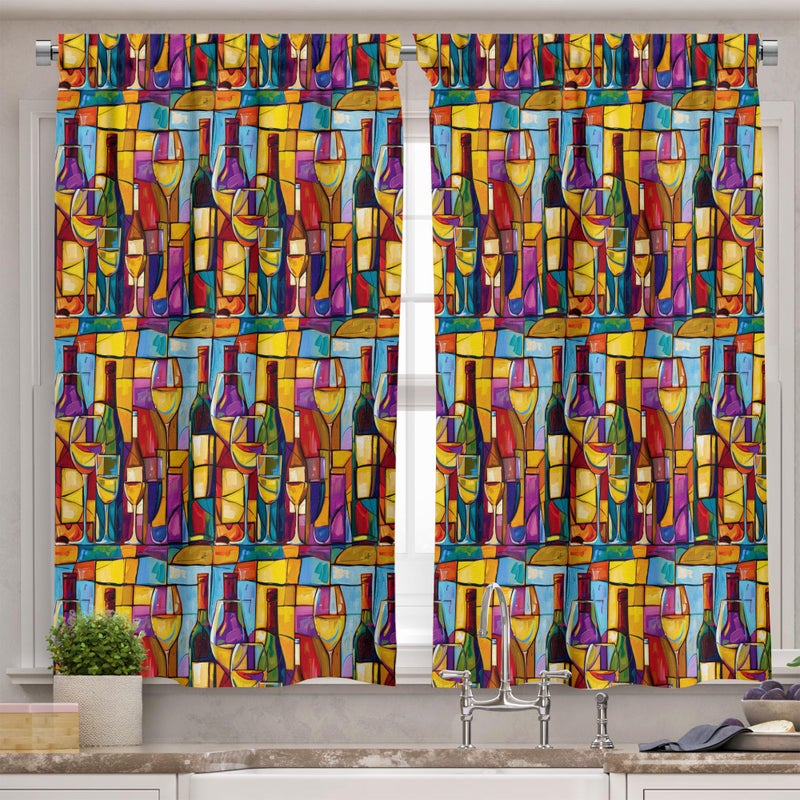 Ambesonne Ambesonne Colorful Valance & Tier Curtain 3 pcs Set  Avant-Garde Wine Bottles and Cups Abstract Paint with Geometric Shapes  Window Treatments for Kitchen Room Decor  55"" x 36""  Purple Blue Multicolor - Image 2