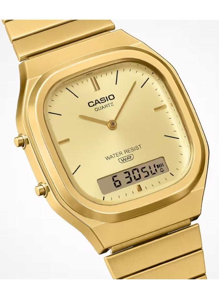 Vintage Analog‑Digital Unisex Watch AQ‑240EG‑9ADF, 40.9 mm Gold Dial, Resin Case & Gold‑Tone Stainless Steel Band, Water Resistant