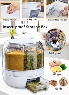 Draxon rice dispenser 6 Grid lentils storage containers, cereal and grain kitchen food container rotating storage bucket round rice output for grains, dog food, lentil, capacity around 6 Liters
