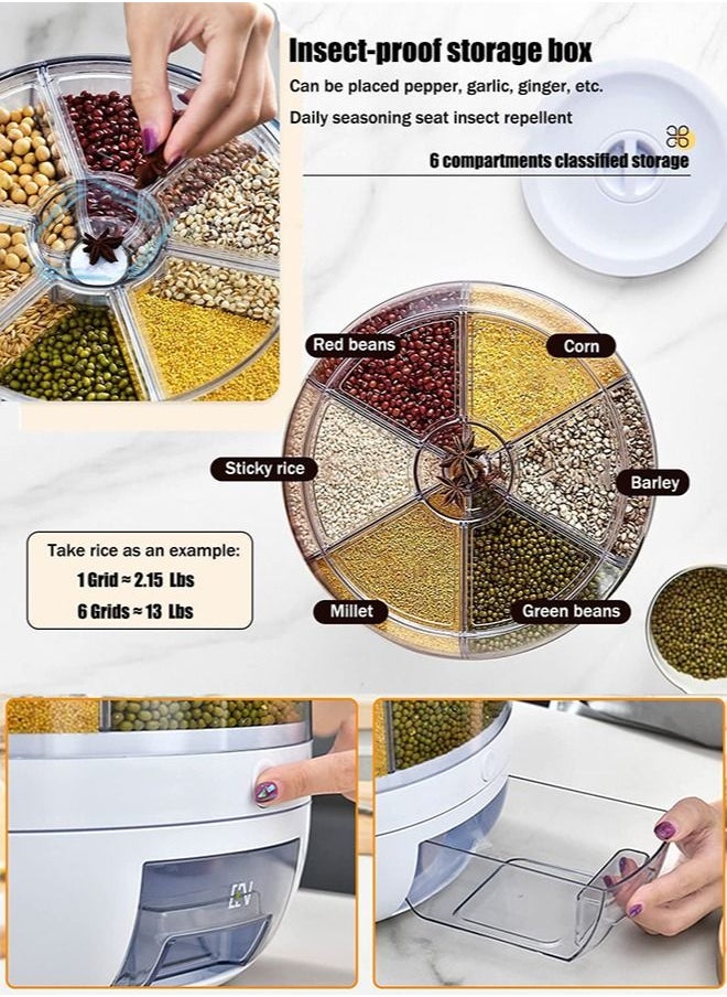 Draxon - Draxon rice dispenser 6 Grid lentils storage containers, cereal and grain kitchen food container rotating storage bucket round rice output for grains, dog food, lentil, capacity around 6 Liters - Image 1