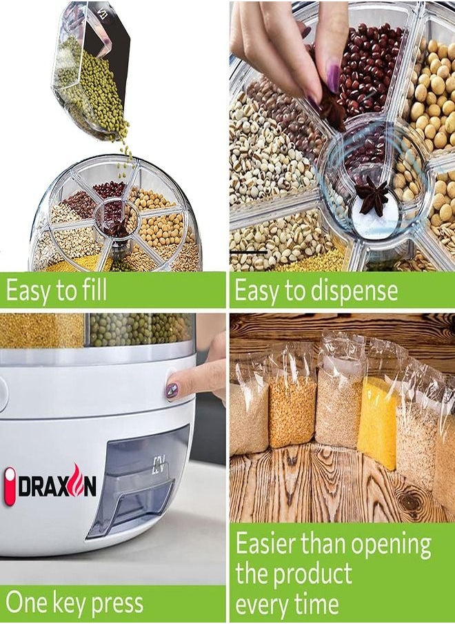 Draxon - Draxon rice dispenser 6 Grid lentils storage containers, cereal and grain kitchen food container rotating storage bucket round rice output for grains, dog food, lentil, capacity around 6 Liters - Image 1