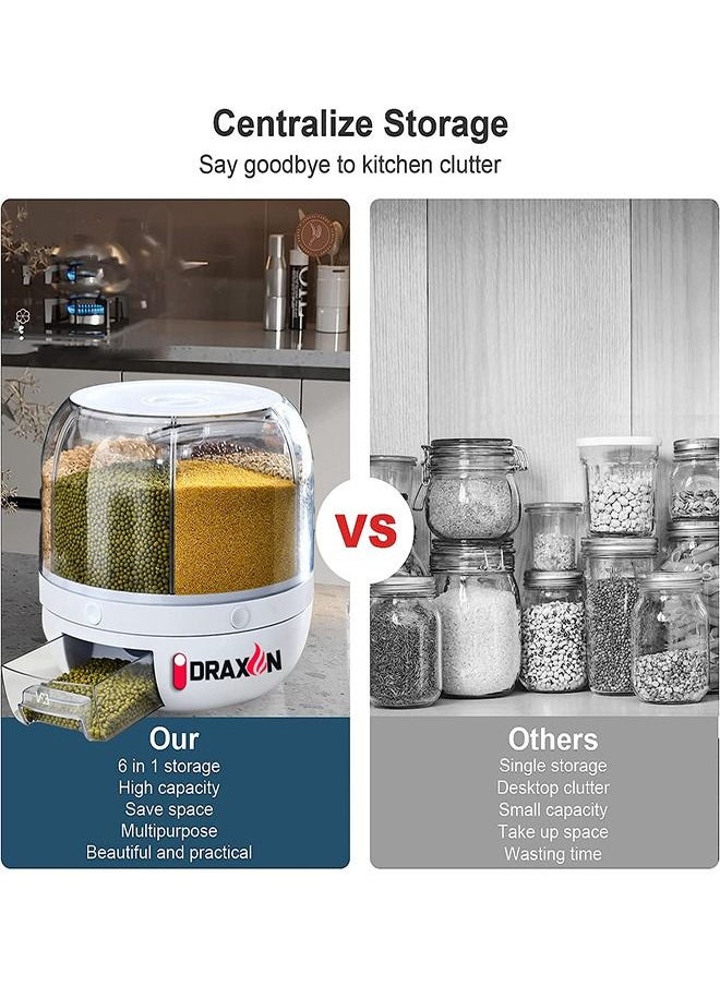 Draxon - Draxon rice dispenser 6 Grid lentils storage containers, cereal and grain kitchen food container rotating storage bucket round rice output for grains, dog food, lentil, capacity around 6 Liters - Image 1