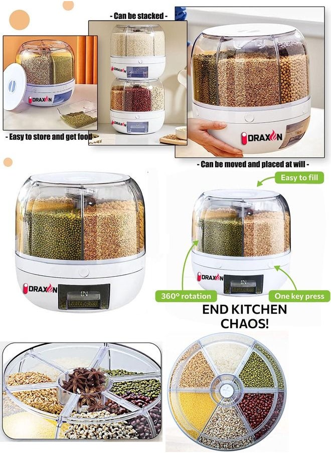 Draxon - Draxon rice dispenser 6 Grid lentils storage containers, cereal and grain kitchen food container rotating storage bucket round rice output for grains, dog food, lentil, capacity around 6 Liters - Image 1