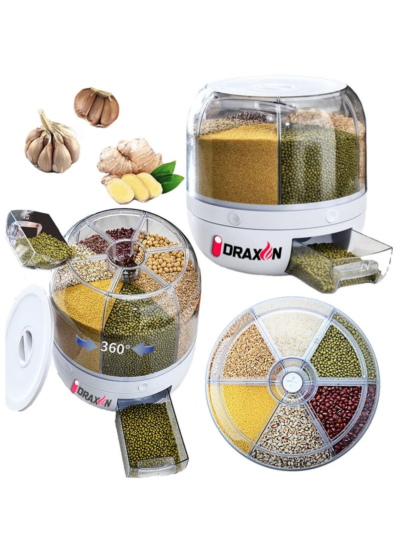 Draxon - Draxon rice dispenser 6 Grid lentils storage containers, cereal and grain kitchen food container rotating storage bucket round rice output for grains, dog food, lentil, capacity around 6 Liters - Image 1