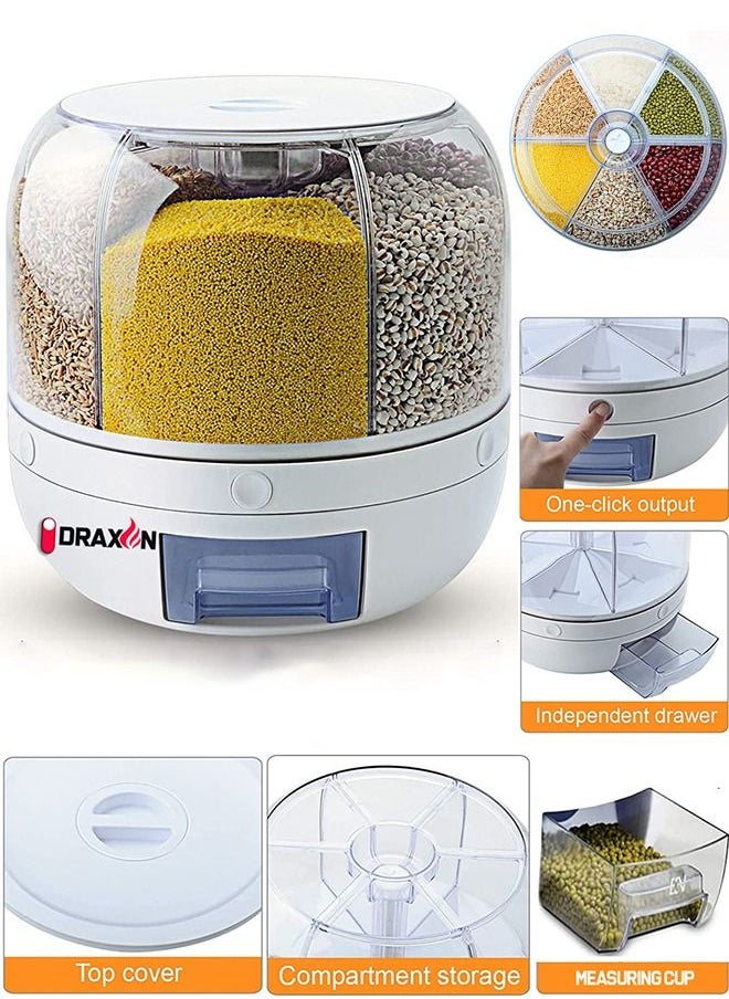 Draxon - Draxon rice dispenser 6 Grid lentils storage containers, cereal and grain kitchen food container rotating storage bucket round rice output for grains, dog food, lentil, capacity around 6 Liters - Image 1