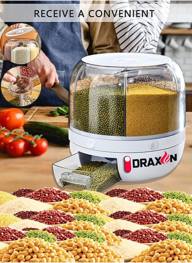 Draxon - Draxon rice dispenser 6 Grid lentils storage containers, cereal and grain kitchen food container rotating storage bucket round rice output for grains, dog food, lentil, capacity around 6 Liters - Image 1