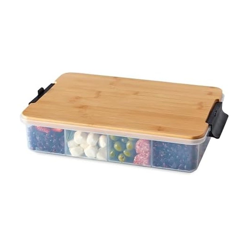Farberware Build Snacklebox Serving Tray with Locking Bamboo Cutting Board Lid Portable Storage Container with Compartments for Charcuterie and More Natural