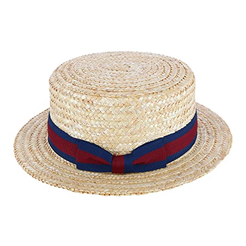 CTM Straw 2 Inch Brim Boater Hat with Navy Band and Elastic Sweatband, Large, Natural - Image 3