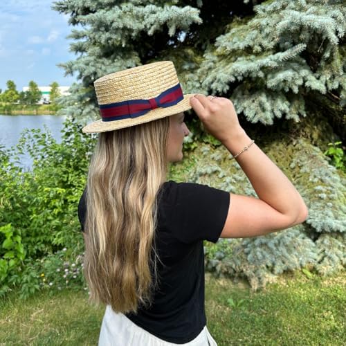 CTM Straw 2 Inch Brim Boater Hat with Navy Band and Elastic Sweatband, Large, Natural - Image 5