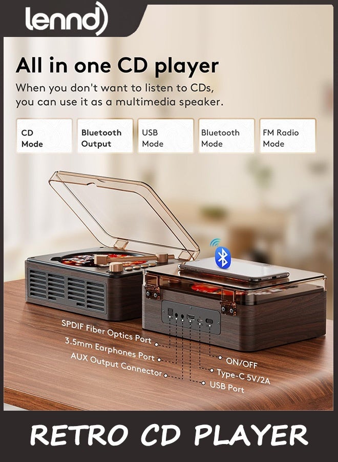 LENND CD Player with Speakers Bluetooth Nostalgic Retro Portable CD Players for Home Wood Music Player FM Radio for HomeWired and Remote Control-Walnut Brown - Image 4