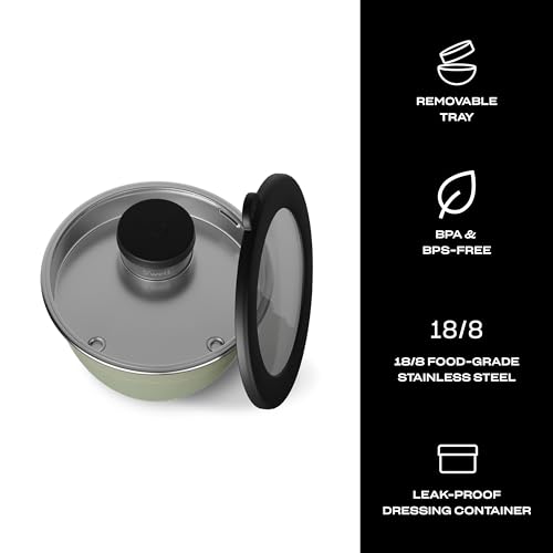 S'well طقم وعاء السلطة من س'ويل من الفولاذ المقاوم للصدأ 64 أونصة، لون جبل الحكيم، يأتي مع حاوية صغيرة سعة 2 أونصة وصينية قابلة للإزالة للتنظيم، مانعة للتسرب، سهلة التنظيف، آمنة في غسالة الصحون - Image 3
